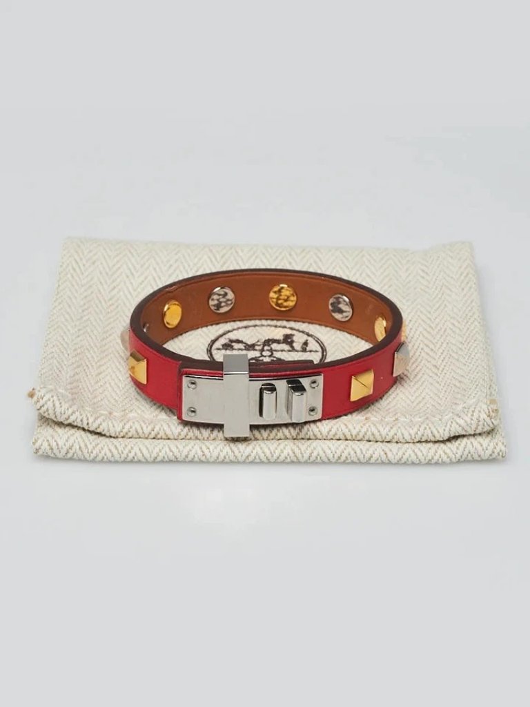 Hermes Rouge Tomate Swift Leather Mini Dog Clous Ronds Bracelet Size T2